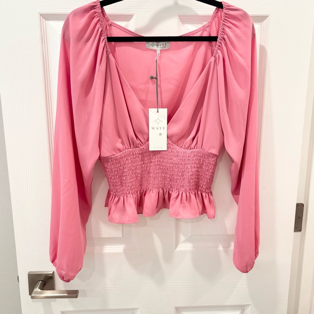 WAYF pink smocked blouse with raglan sleeves size‎ Medium NWT